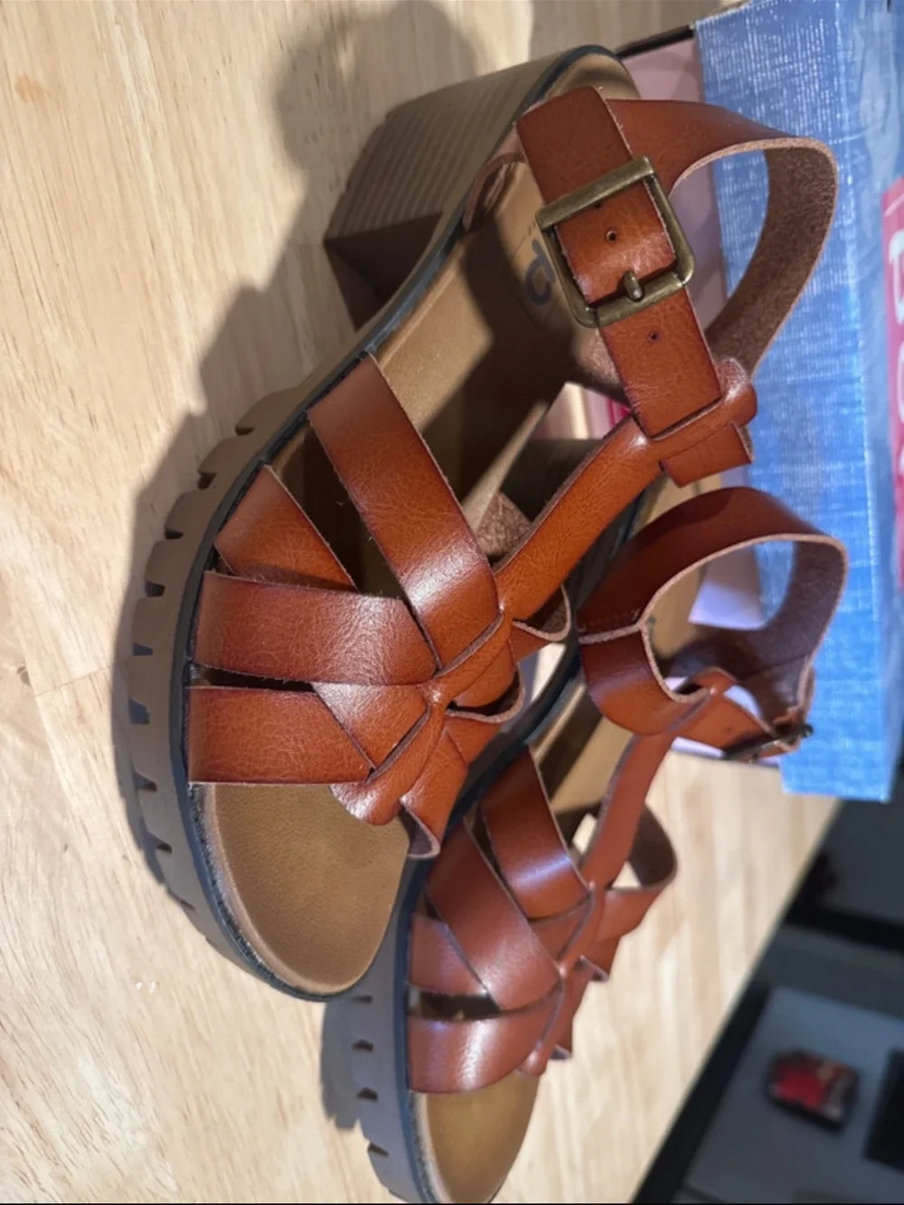 pop Cognac Strappy Woven Leather Sandals